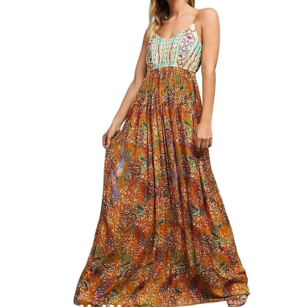 Anthropologie Raga Dress Women's XS Ochre Parkland Maxi Embroidered Bird Resort